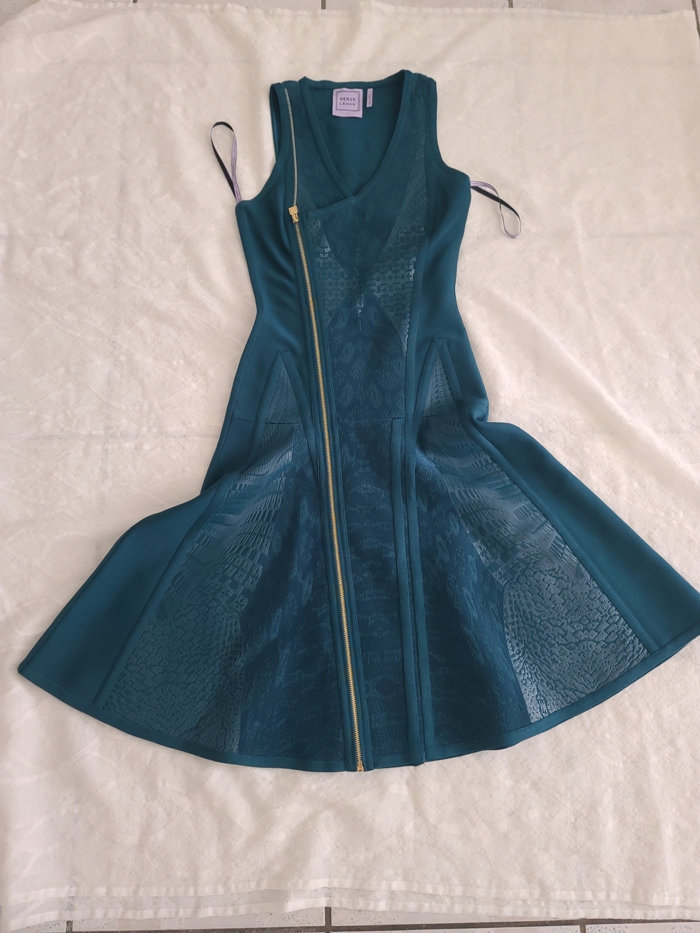 Herve Leger Teal Asymmetrical Zip Fit-and-Flare Midi Dress